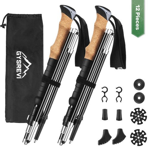 Gysrevi Trekking Poles, 7075 Aluminum Lightweight Folding Hiking Poles, 110-130cm Adjustable Height with Cork Grip Clip Closure 4 Pairs of Rubber Feet for Hiking