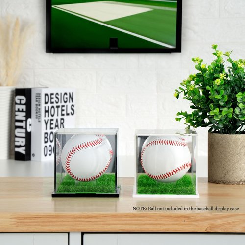 Acrylic Baseball Display Case, UV Protected Clear Display Box with Mirror and Turf Stand-Black(1PC)