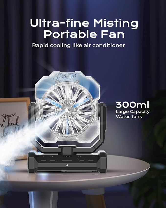 Portable Fan with Misting & 24000mAh Battery - 80H Runtime, 7μm 16ft Mist, Ultra Quiet 4-Speed Camping Fan for Outdoor Indoor, Remote & 300mL Tank-Yellow