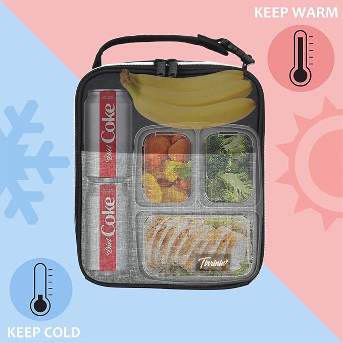 Tirrina Insulated Lunch Box for Men Women, Portable Thermal Small Lunch Bag for Office Work Picnic, Reusable Compact Lunchbox Cooler Tote for Adults,Black & Grey