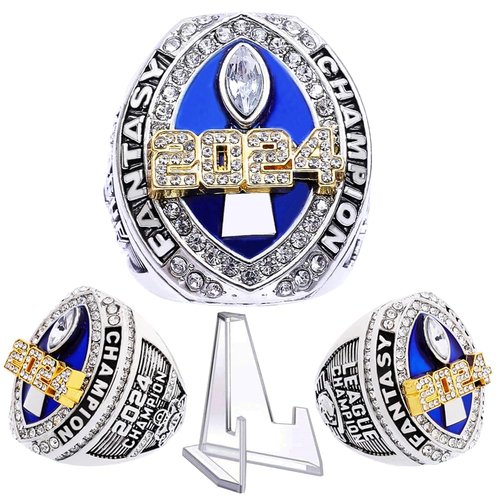 2024 Fantasy Football Championship Ring | Heavy FFL Champion Ring | Gold Silver Tone Plated Award Trophy for Fantasy Football League Winner (Ring and Stand Together, Size 10)