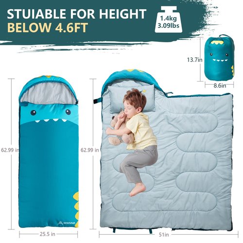 BISINNA Kids Sleeping Bag for Boys Girls with Pillow 3 Season Camping Sleeping Bag Portable for Children Hiking Backpacking Indoor Outdoor