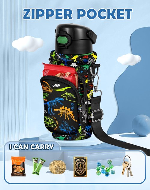 Miss Adola Water Bottle Carrier with Strap - Cute Cartoon Insulated Water Bottle Carrier Bag with Pocket Neoprene Bottle Holder Bag for 14/16/18/20 oz Stainless Glass Bottles Sleeve, Dinosaur Bone