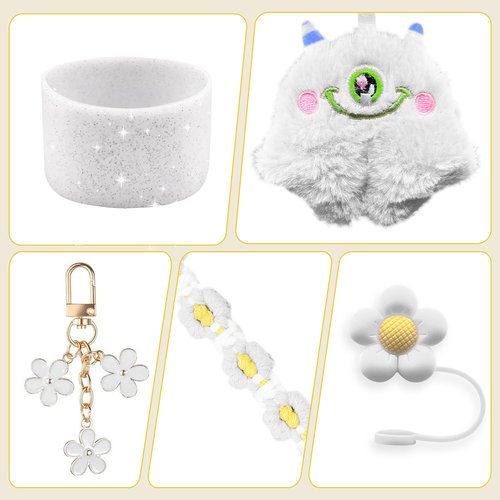 Stanley Cup Accessories Set Including Adjustable Water Bottle Shoulder & Handle Strap, Glitter Silicone Protective Boot, Silicone Straw Topper Cover, Cute Charms for Stanley 30oz 40oz Tumbler (White)