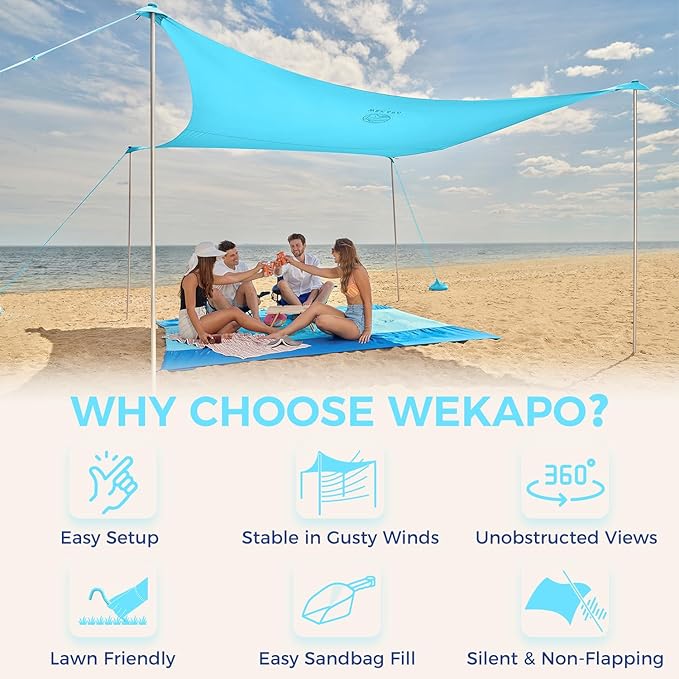 WEKAPO Beach Tent Sun Shelter - Easy Setup Beach Canopy with 4 Sturdy Poles, Large Sandbags and Shovel, 7'8'' Tall, Windproof Sun Shade for Backyard and Camping, UPF 50+ Protection