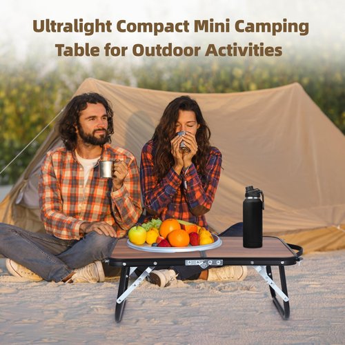 YHomU Compact Mini Camping Table, Walnut Wood Folding Side Low Table for Camp, Portable Table for Picnic Travel Beach, Lightweight Foldable Design