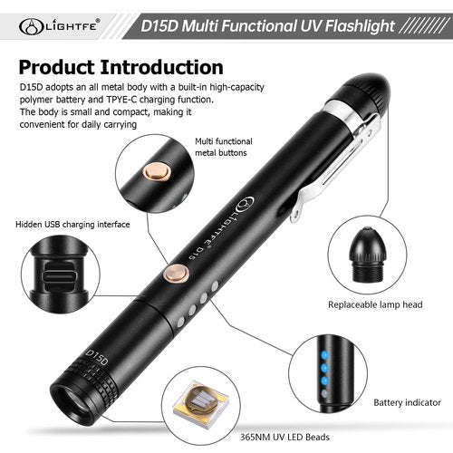LIGHTFE UVD15 UV Flashlight 365nm Dual Head 6 in 1 Pen Light LED Pointer Light with USB-C Rechargeable, Suitable for UV Gel Curing, Pet Urine Stains, Stains, Mineral Fluorescent Detection, etc