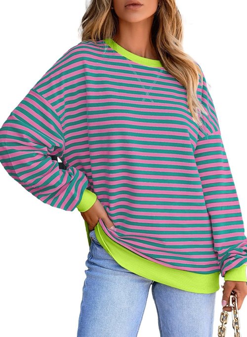SIALANCI Womens Striped Sweatshirt Colorful Oversized Hoodies Long Sleeve Pullover Crew Neck Rayon Sweater 2024 Winter Pink-green