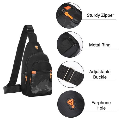 MOSISO Small Sling Backpack Crossbody Sling Bag, Lightweight Hiking Daypack Shoulder Chest Bag with Camouflage Front Pocket, Black