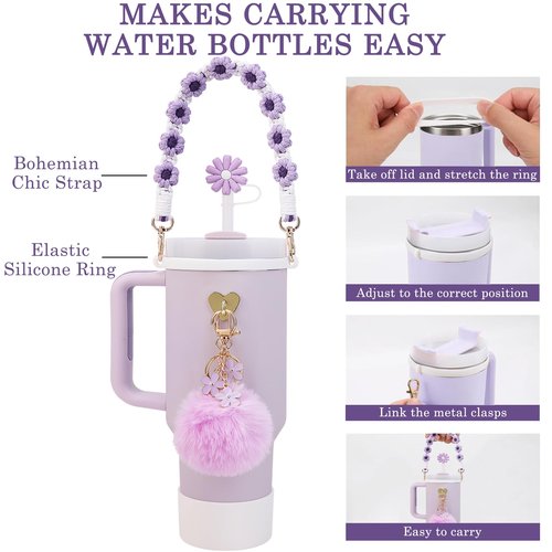 Cup Accessories for Stanley 30oz 40oz Tumbler with Handle - Water Bottle Handle Strap,Siliocne Cup Boot,Personality Pearl Keychain Charms Set,Straw Topper Cover for Stanley