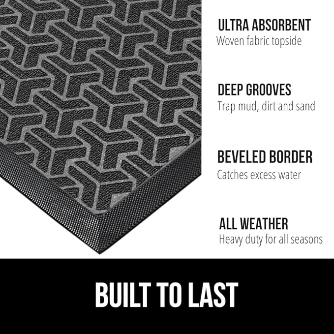 GORILLA GRIP 100% Waterproof All-Season WeatherMax Doormat, Durable Natural Rubber, Stain and Fade Resistant, Low Profile, Indoor Outdoor Door Mats, Easy Clean Entrance Mat, 17x29, Slate Geometric