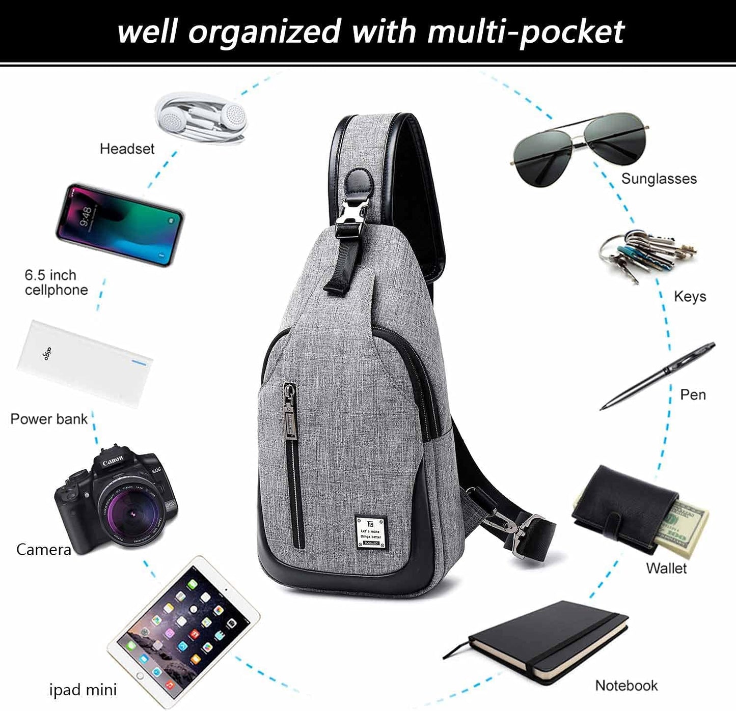 Small Sling Bag Crossbody Backpack Over the Shoulder Bag for Men Women Travel Outdoors, Lightweight Chest Pack (Large,Black)
