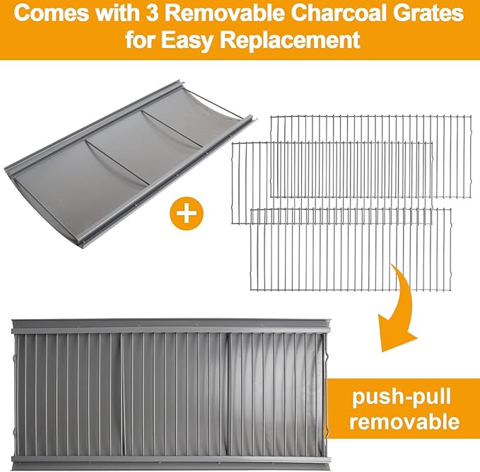 27 Inch Aluminized Steel Ash Pan for Chargriller Charcoal Grills 1224 1324 2121 2222 2727 2828 2929 Replacement Parts with 3pcs Removable Fire Grates and 2pcs Hanger for Charbroil 17302056 Grill