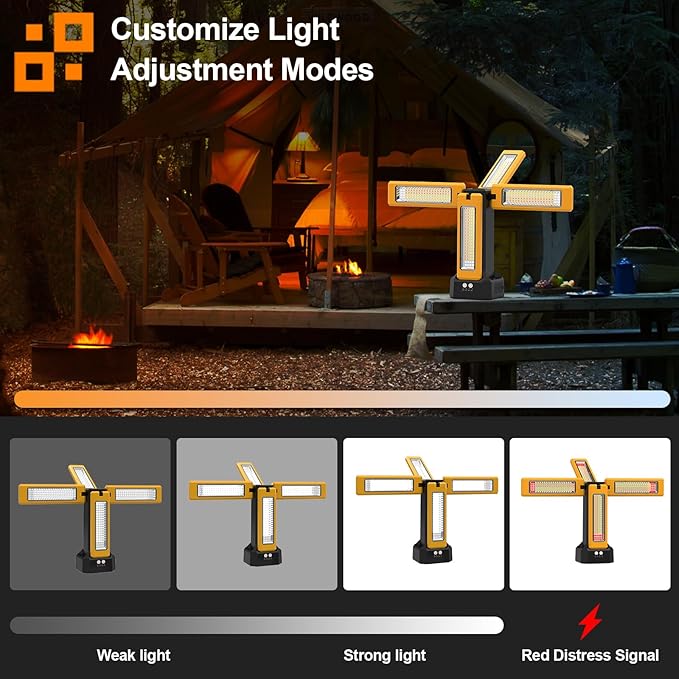 13200mAh Rechargeable Solar Work Light with Folding Stand Support and Portable Carrying Bag, 8000 Lumen Stepless Dimmable, 4 Lighting Modes, White/Warm/Warm White (No Tripod)