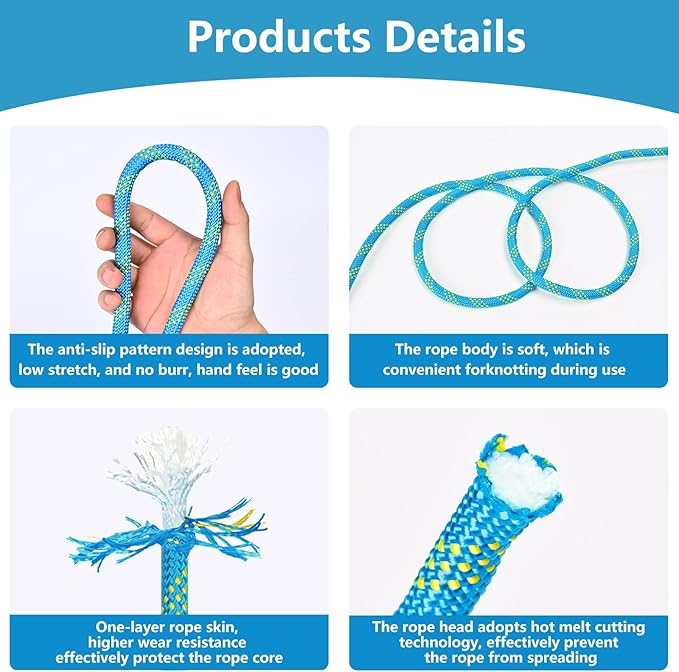 Arborist Rigging Rope - Blue 1/2 in x 100 Ft Static Bull Rope for Climbing Tree Felling Pulling Various Outdoor Applications Construction Swing Sailing