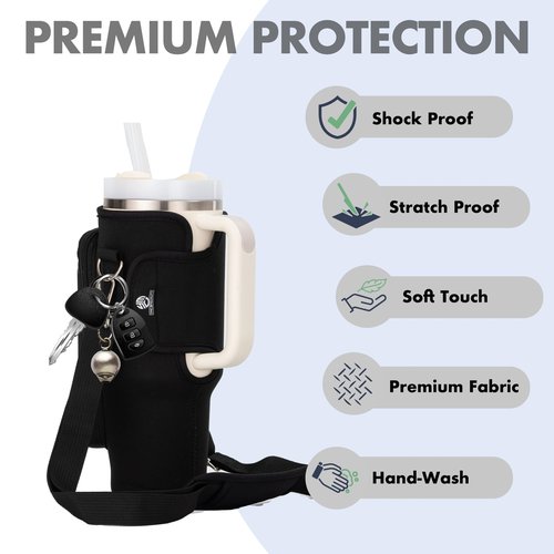 YMCSPECIALITY Water Bottle Holder with Strap - Neoprene Sleeve - Adjustable Shoulder and Hand Sling - Phone Pocket Glass Straw and Brush - 40 oz Stanley Cup Accessories (Black)