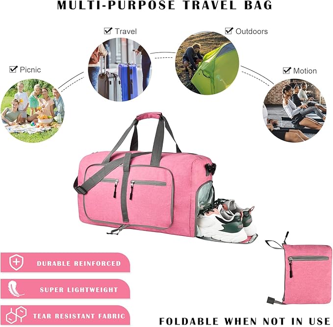 Dimayar 65L Travel Duffle Bag for Men Women - Foldable Duffel Bag with Shoes Compartment - Overnight Bags Waterproof & Tear Resistant(Pink)