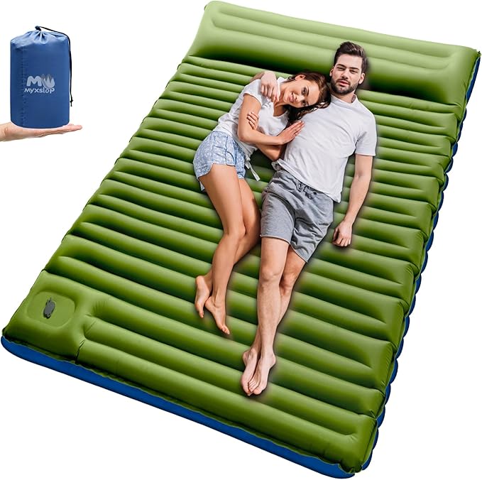 Double Sleeping Pad for Camping, 6" Extra-Thick 2 Person Camping Sleeping Pad with Pillow Built-in Foot Pump, Inflatable Sleeping Mat for Backpacking, Tent, Hiking Essentials Gear