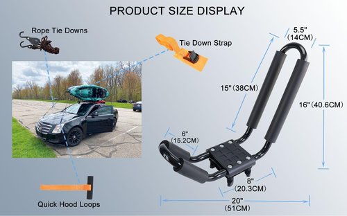 Kayak Roof Rack 2 Pairs Heavy Duty J-Bar Carrier Holder for Canoe, SUV, Cars, Truck, Surf Ski, Tie-Mount on Car Roof Top Crossbar for Trip - Includes 8 Pcs Ratchet, Set of 4