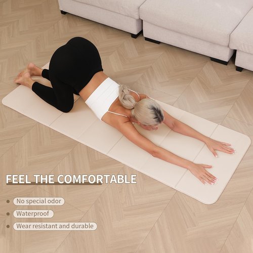 PAIDU Foldable Yoga Mat - 10mm Extra Thick, 75"26" Non-Slip Exercise Fitness Mat | SGS Eco-Certified, Portable for Yoga/Pilates/Studio/Home Workout （Beige）
