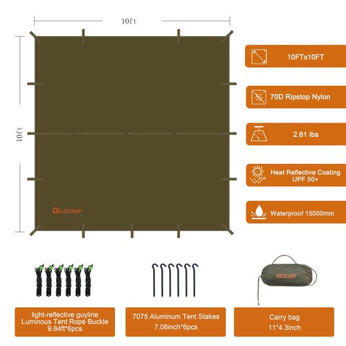 GOLDCAMP Waterproof Camping Tarp，70D Nylon 10X10FT Hammock Rain Fly ，UV 50+ and PU15000mm Tent Tarp Shelter Canopy，Heavy Duty Multifunctional Sun Shade or Rain Fly Essentials for Hiking Backpacking
