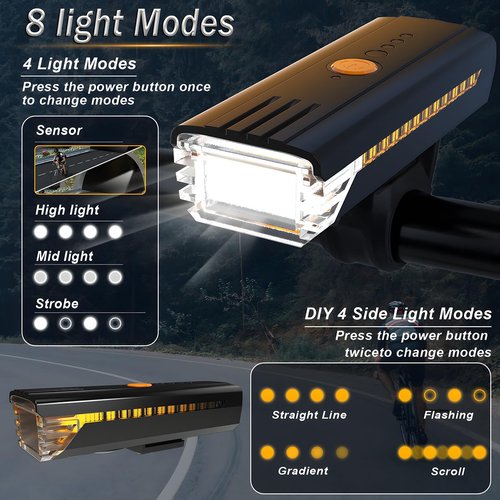 Bike Lights 3000 Lumens USB Rechargeable Bicycle Front Headlight and Back Taillight 4 Light Modes Easy to Install for Men Women Kids Road Mountain Cycling Orange Taillight