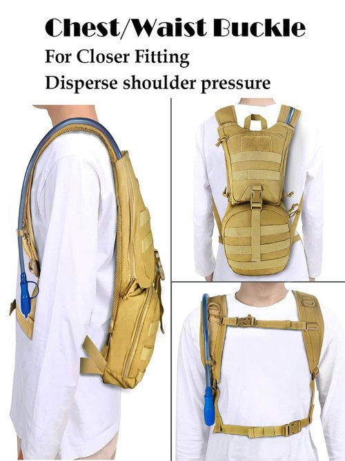 SMONT Tactical Hydration Pack Backpack Khaki - 2.5L Water Bladder Military Backpack with Molle Webbing for Gear Attachment Hands-Free Hydration for Hiking, Running, Climbing,Biking,Hunting