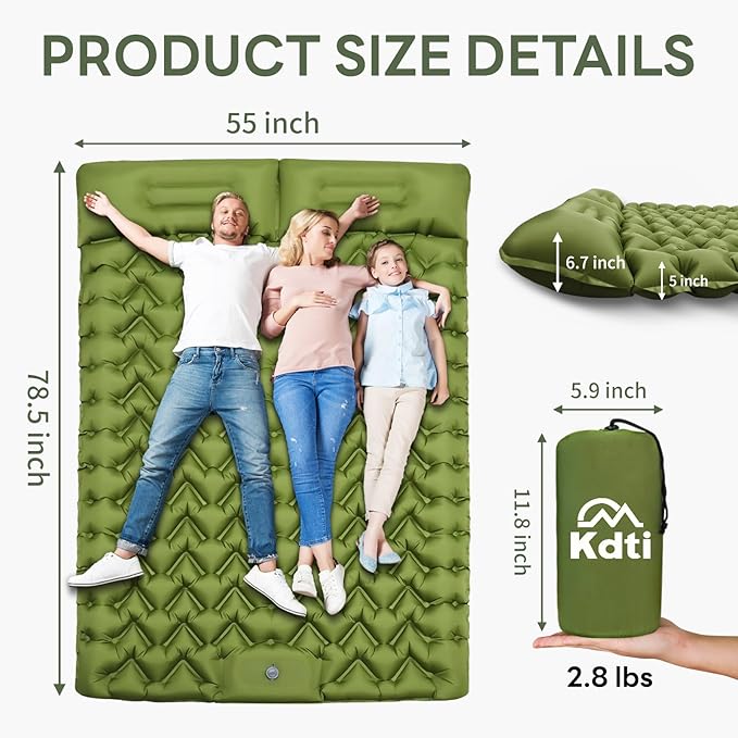 Double Inflatable Sleeping Pad for 2 Person - Ultralight Air Mattress with Built-in Foot Pump, Durable Waterproof Camping Pad for Couples, Backpacking, Hiking (Green)