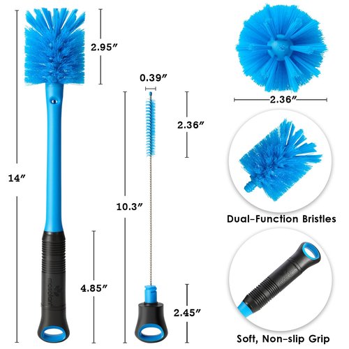 MOSOLAN 2-in-1 Water Bottle Brush and Straw Cleaner Brush, Long Handle Scrub Brush with Replaceable Head for Water Bottles, Glasswares, Mugs, Flasks, Tumblers, Vases, and Kitchen Sink, Breezy Blue