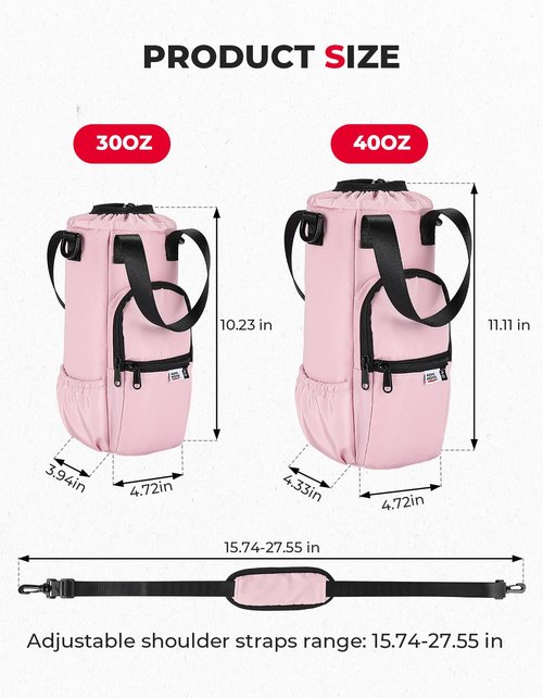 KEMIMOTO Upgraded Dual-Use Water Bottle Holder Bag for 40/30 oz Handle and Non-Handle Tumblers, Water Bottle Carrier Bag with Adjustable Shoulder Strap Carrier and Phone Pocket,30oz Pink