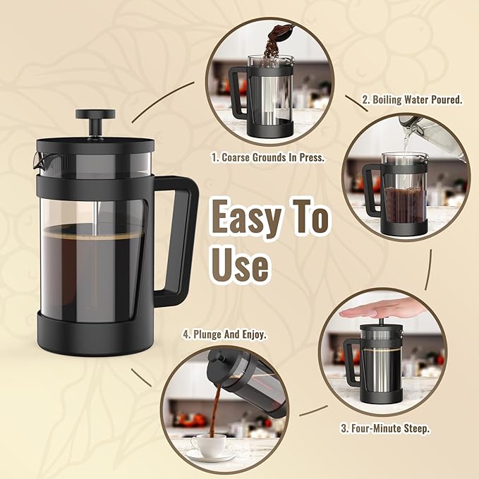 RAINBEAN Small French Press 12 Oz, Mini French Press Coffee Maker 1 Cup, Single Serve Coffee Press, Coffee Brewer With 3 Level Filtration, Perfect for Tea Lovers