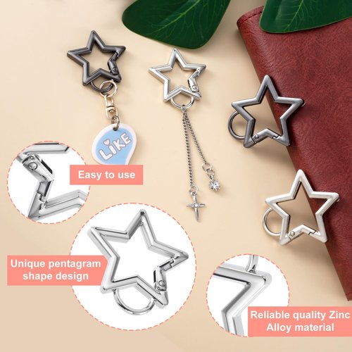 Pndeyo 4pcs Star Carabiner, Heavy Duty Star Spring Snap Hook Keyring, Zinc Alloy Keychain Clip Outdoor Accessories for Camping Hiking Fishing- Silver & Black