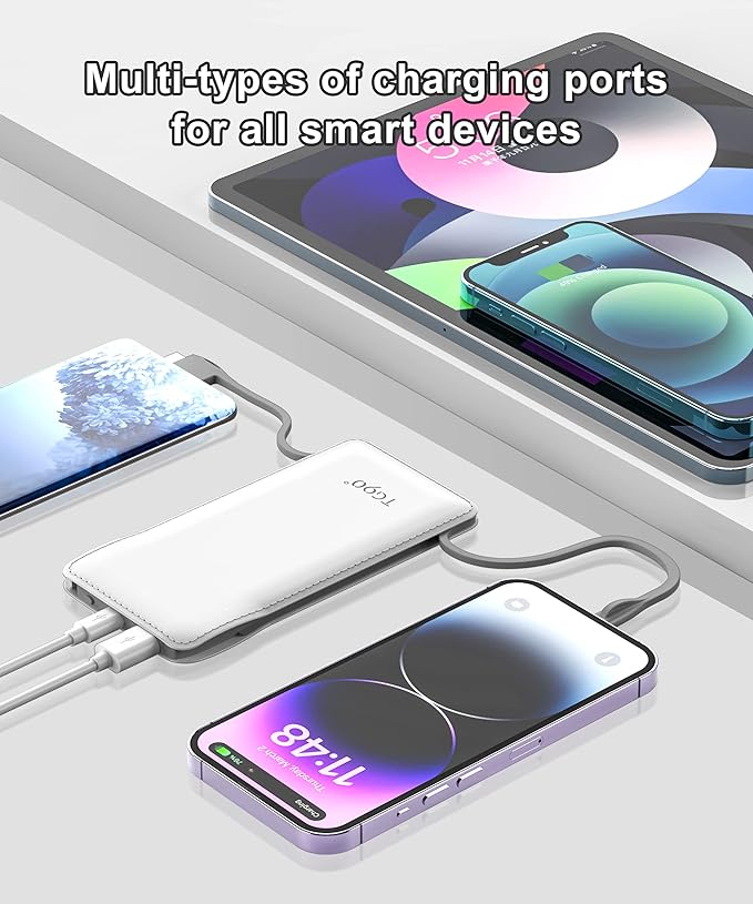 TG90° Cellphone Portable Charger with Built in Lightning and Android Cables Power Bank 10000mah External Battery Packs, USB-C Portable Battery Backup Charger Compatible with iPhone and Android Phones