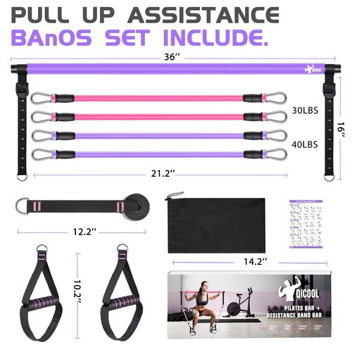 Pilates Bar Kit with Resistance Bands,Qicool Multifunctional Pilates Bar Exercise Equipment for Women, Home Gym Yoga,Resistance Bands Full Body Workout Equipment Purple (30lbs/40lbs)