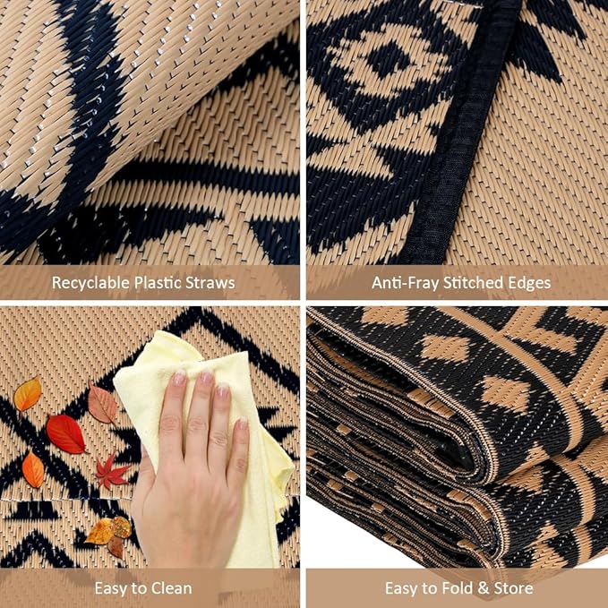 LILIOFFIC Outdoor Rugs - Reversible Mats, 5'x8' Plastic Straw Rug for Patio Clearance Waterproof, Indoor Outdoor Area Rug Carpet for Outside, RV, Deck, Picnic, Beach, Trailer, Camping, Black & Brown