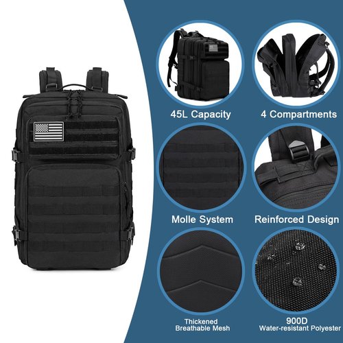 MUCHER 45L Military Tactical Backpack For Men with Bottle Holder and 4 Carabiners Molle Backpack EDC Large 3Day Army Rucksack (Black)