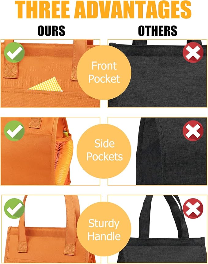 Fmeida Insulated Lunch Bag, Simple Lunch Tote Bags, Waterproof Thermal Cooler Lunch Kit, Reusable Adult Lunch Box Bag for Women | Small Orange, Front&Side&Interior Pockets