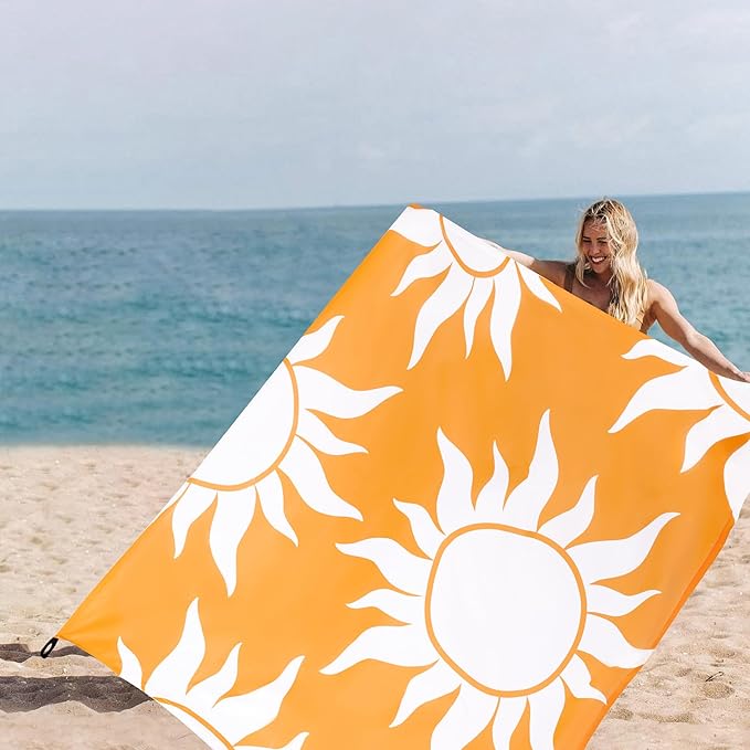 Large Beach Blanket Waterproof Sandproof, 78''×86'' Beach Mat Sand Free for 2-4 Adult with Stakes and Pocket, Foldable Picnic Blankets for Outdoor, Camping Hiking, Vacation Essentials-Boho Sun Rise