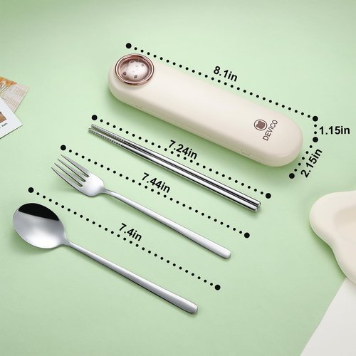 DEVICO Travel Utensils with Case Cute, Reusable Silverware for Lunch, Portable Cutlery Set, 18/8 Stainless Steel Fork Spoon Chopsticks in Cartoon Case, Dishwasher Safe (Light Yellow)