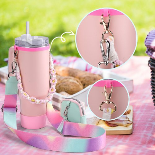 Mity rain Water Bottle Shoulder Strap Set for Stanley Cup, Cup Accessories for Stanley 20oz 30oz 40oz, Including Cup Holder Shoulder Strap with Purse, Carrying Handle Strap, Boot, Cup Ring (Pink)