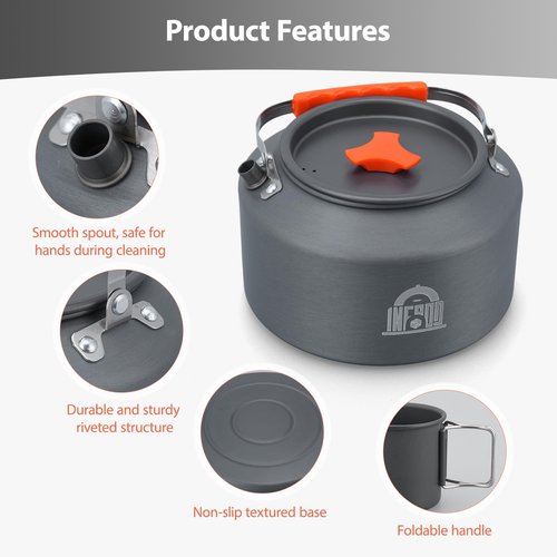 INFOOD 2.5L Camping Kettle Set - Camp Tea Coffee Pot with 2 Cups & Carrying Bag for Outdoor Camping Campfire Hiking Picnic & Backpacking, Gray