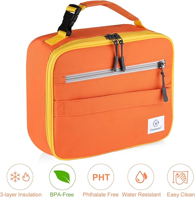 2 Packs Insulated Soft Lunch Bag With Double Zipper - Sturdy, Freezable and Reusable for Kids, Men - For School, Work, Outdoor (B-2pk Blue+Orange)