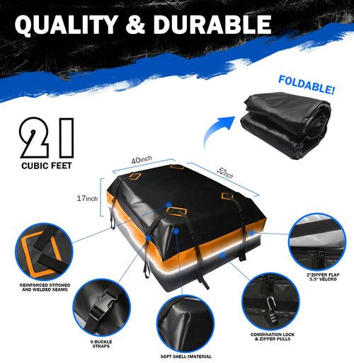 BOPARAUTO 21 Cubic Feet Car Rooftop Bag Waterproof Heavy Duty for All Cars Cargo Carrier Bag with/Without Rack Including Anti-Slip Mat 2 Luggage Locks 2 Extra Straps 6 Strong Nylon Straps Orange Bag