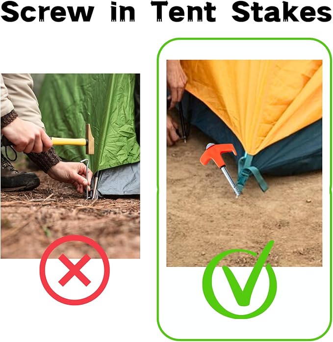 8" Screw in Tent Stakes - Ground Anchors Screw in, Screw in Tent Stakes Heavy Duty, Tent Pegs Camping Stakes, Metal Threaded Tent Spikes, Screw Tent Stakes with Hex Sleeves (12Pcs+Box White)