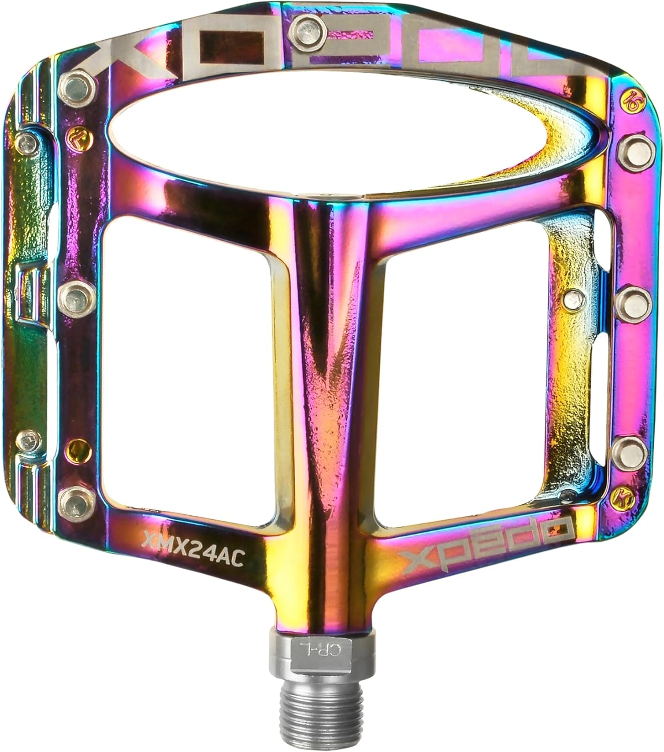 Xpedo Spry Flat Bicycling Pedals | Aluminum Body, 11mm Low-Profile, 106x100mm Platform, 28 Replaceable Pins | MTB Trail/Enduro | Oil Slick