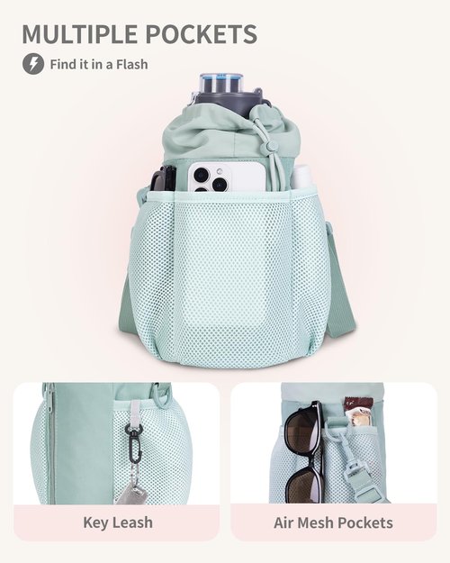 ECOHUB Water Bottle Holder with Strap, Full Coverage Stanley Cup 40/30 oz Tumbler, Insulated Water Bottle Carrier Bag with Back Safety Pocket, Crossbody Sling with Handle for Walking, Green