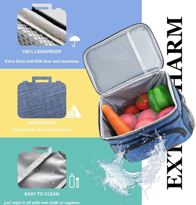 ExtraCharm Insulated Lunch Bag for Women/Men - Reusable Lunch Box for Office Picnic Hiking Beach - Leakproof Cooler Tote Bag Organizer with Adjustable Shoulder Strap for Adults