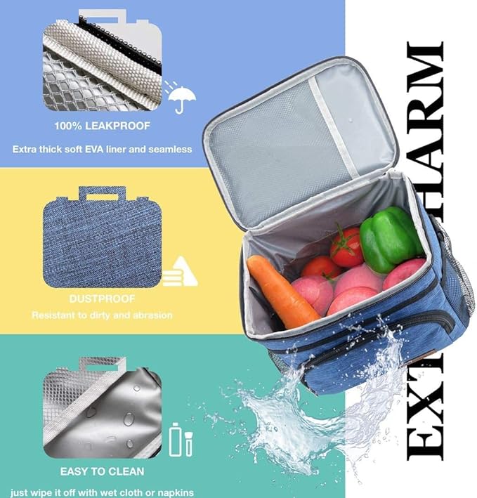 ExtraCharm Insulated Lunch Bag for Women/Men - Reusable Lunch Box for Office Picnic Hiking Beach - Leakproof Cooler Tote Bag Organizer with Adjustable Shoulder Strap for Adults - Stripe