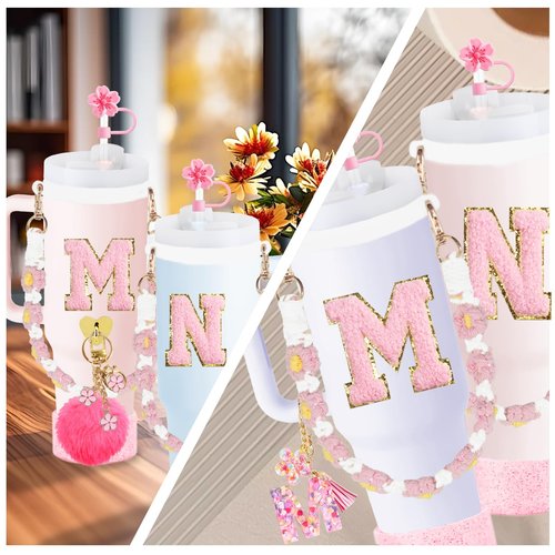 XIANGYUAN 11PCS Cup Accessories for Stanley, Straw Cover Cap for 30oz or 40oz Stanley, Including Water Bottle Handle Strap, Boot, Decorative Chains, Personalized Sticker