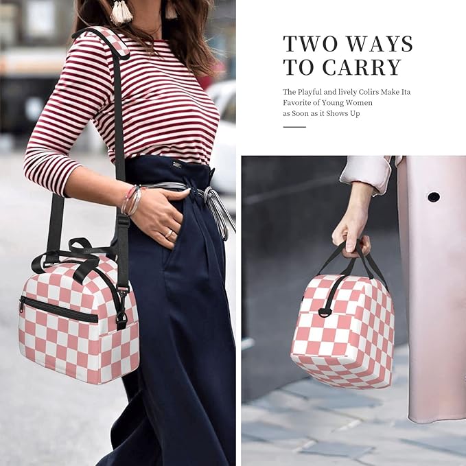bassyil Pink Checkerboard Lunch Box Reusable Insulated Totes Lunch Bag Thermal Cooler Adjustable Shoulder Strap Bag For Men Women